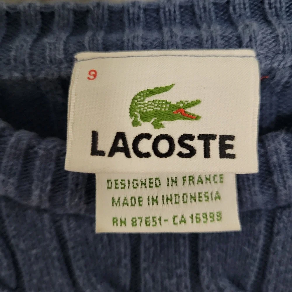 Lacoste Mens Blue‎ Cable Knit Crew Neck Sweater Sz 9 4XL Embroidered Logo Cotton